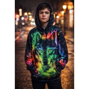 Funnycokid Wolf Face 3D Print Pullover Hoodie Sweatshirt Northern Lights Size XL